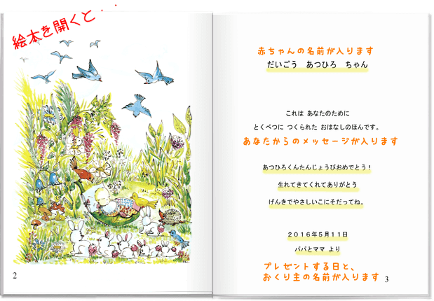 赤ちゃんの名前や貴方からのメッセージ、プレゼントをする日が入ります。