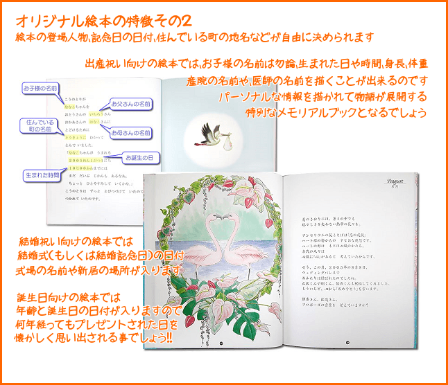 絵本の登場人物、記念日の日付、住んでいる町の地名などが自由に決められます。出産祝い向けの絵本ではお子様の名前は勿論、生まれた日や時間、伸張、体重、産院の名前や、医師の名前を描くことが出来るのです。パーソナルな情報を描かれて物語が展開する特別なメモリアルブックとなるでしょう。結婚祝い向けの絵本では、結婚式（結婚記念日）の日付、結婚式場の名前や新居の場所が入ります。誕生日向けの絵本では、年齢と誕生日の日付が入りますので何年経ってもプレゼントされた日を懐かしく思い出される事でしょう