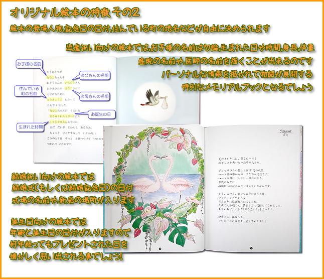 絵本の登場人物、記念日の日付、住んでいる町の地名などが自由に決められます。出産祝い向けの絵本ではお子様の名前は勿論、生まれた日や時間、伸張、体重、産院の名前や、医師の名前を描くことが出来るのです。パーソナルな情報を描かれて物語が展開する特別なメモリアルブックとなるでしょう。結婚祝い向けの絵本では、結婚式（結婚記念日）の日付、結婚式場の名前や
新居の場所が入ります。誕生日向けの絵本では、年齢と誕生日の日付が入りますので何年経ってもプレゼントされた日を懐かしく思い出される事でしょう