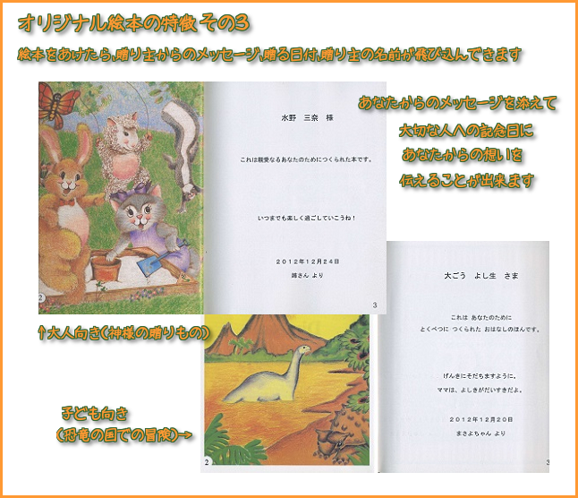 絵本の登場人物、記念日の日付、住んでいる町の地名などが自由に決められます。出産祝い向けの絵本ではお子様の名前は勿論、生まれた日や時間、伸張、体重、産院の名前や、医師の名前を描くことが出来るのです。パーソナルな情報を描かれて物語が展開する特別なメモリアルブックとなるでしょう。結婚祝い向けの絵本では、結婚式（結婚記念日）の日付、結婚式場の名前や
新居の場所が入ります。誕生日向けの絵本では、年齢と誕生日の日付が入りますので何年経ってもプレゼントされた日を懐かしく思い出される事でしょう